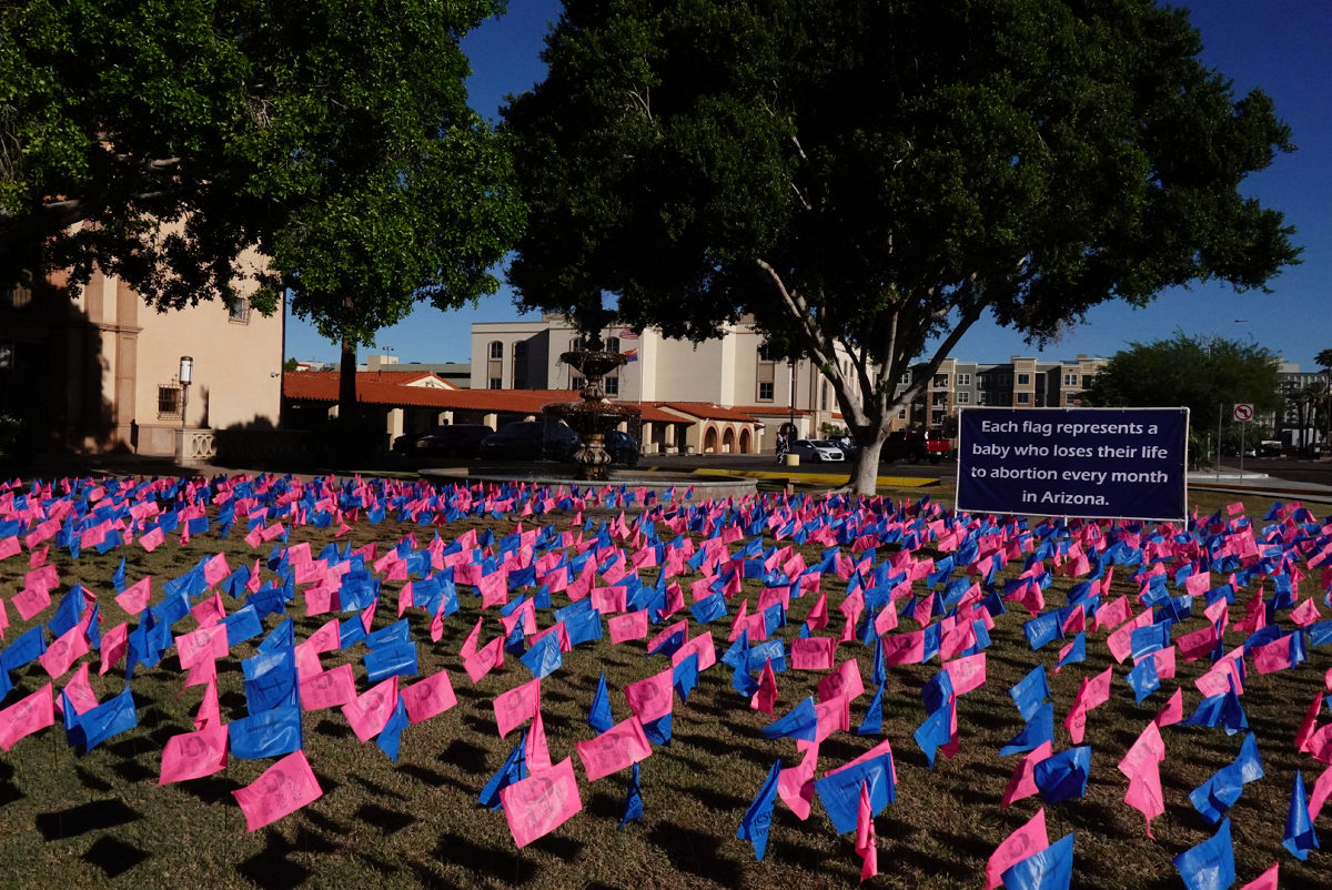 Pink and blue flags of the Cemetery of the Innocents fill the lawn in front of St. Thomas the Apostle, beside a sign that reads: Each flag represents a baby who loses their life to abortion every month in Arizona.