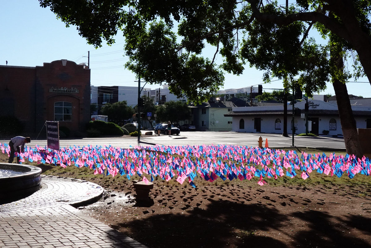 A volunteer bends to place pink and blue flags in rows across the lawn beside the fountain at St. Thomas the Apostle